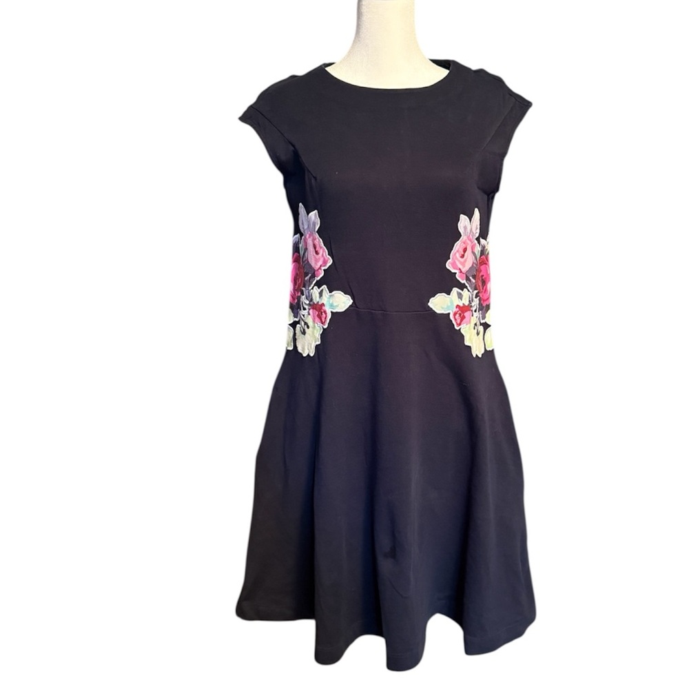 Carven Navy Dress with Pink Floral Accents-A Line-Pockets-Size S